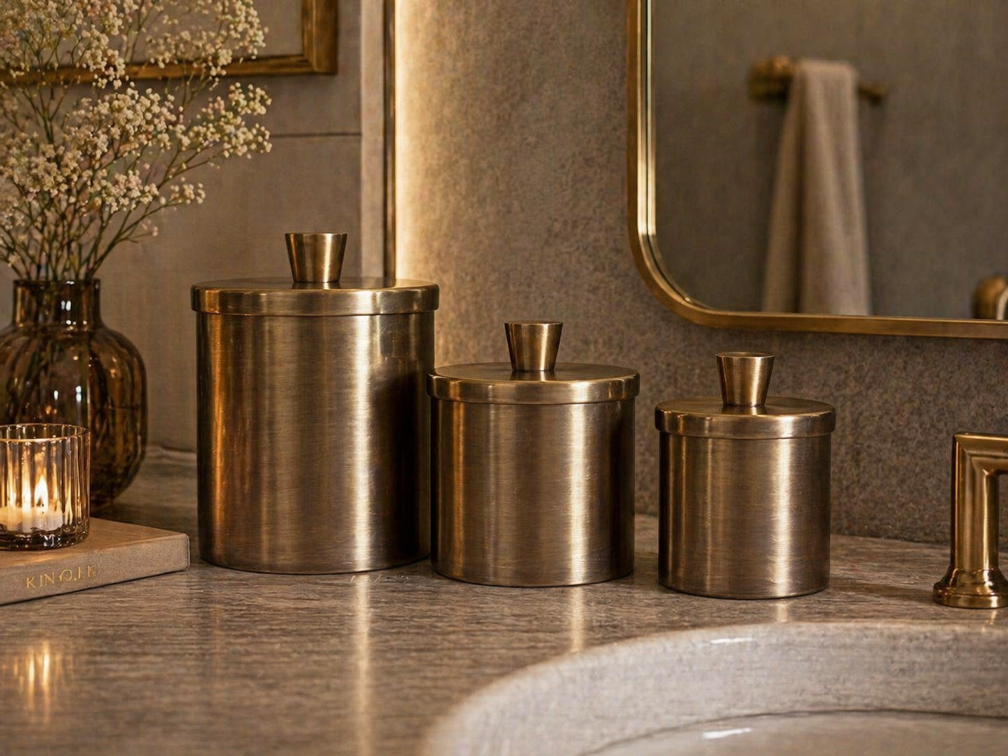 Set of 3 Handmade Brass Storage Canisters with Lids