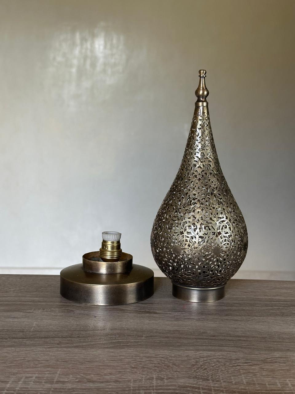 Handcrafted Brass Table Lamp with Teardrop Openwork Shade