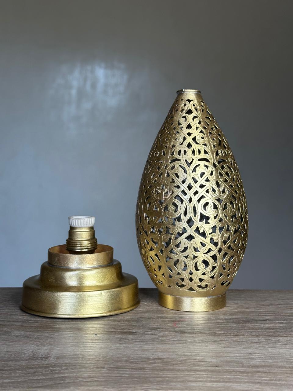 Handcrafted Brass Table Lamp with Teardrop Openwork Shade
