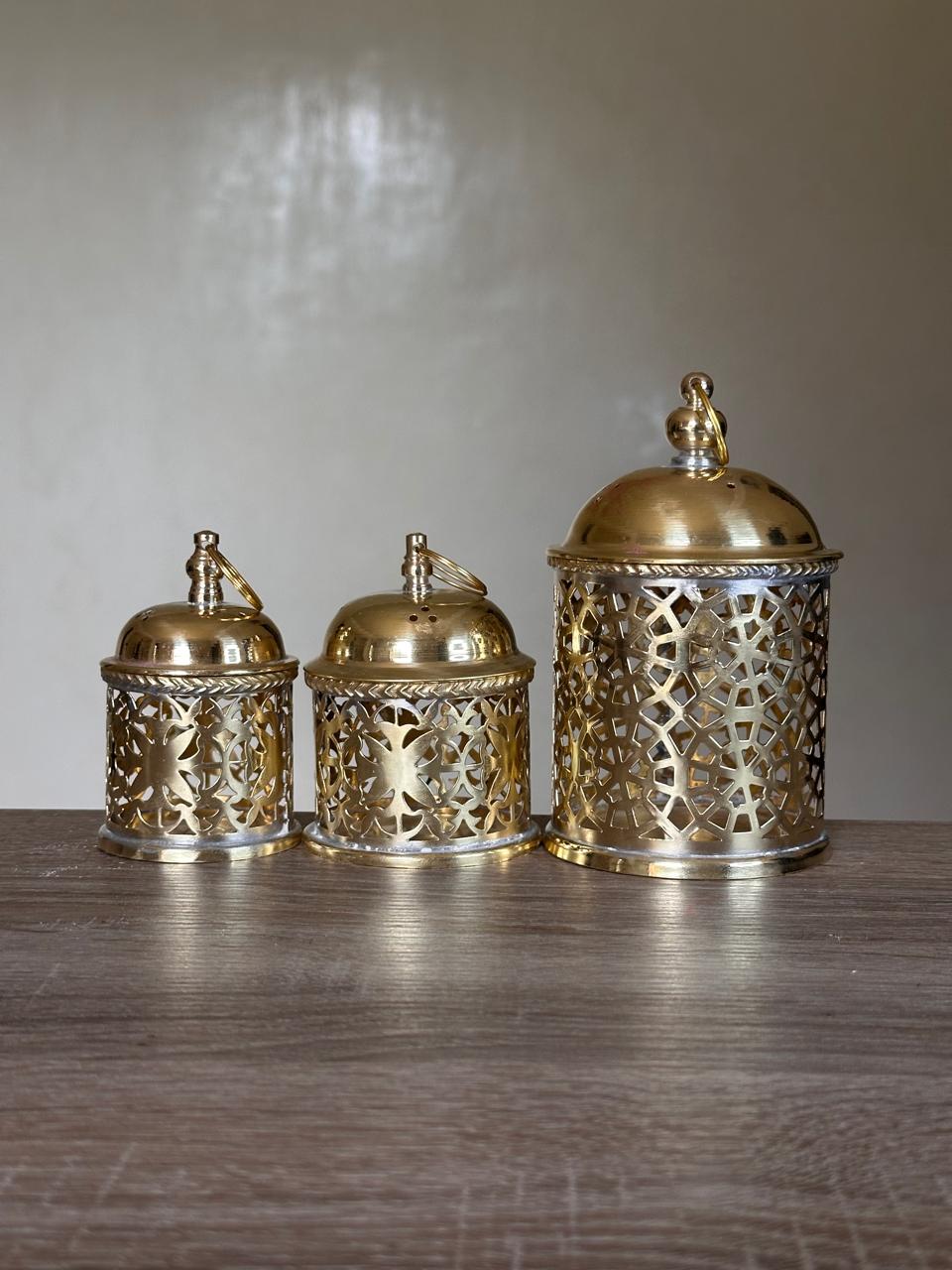 Handcrafted Nesting Pierced Brass Containers with Lids – Set of 3, Gold