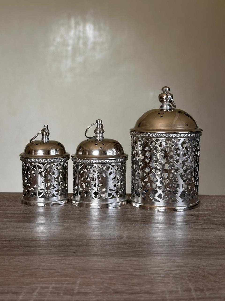 Handcrafted Nesting Pierced Brass Containers with Lids – Set of 3, Silver