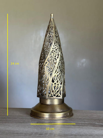 Handcrafted Brass Candle Holder with Pointed Silhouette and Arabesque Cutouts