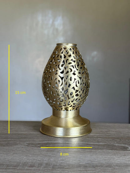 Handcrafted Brass Candle Holder with Teardrop Shape and Arabesque Cutouts