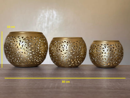 Set of 3 Handmade Brass Candle Holders with Openwork Design