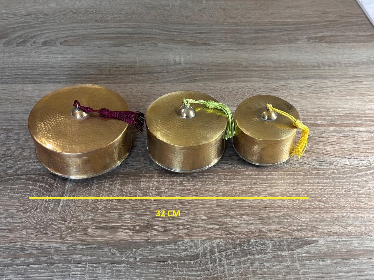 Handcrafted Hammered Brass Decorative Boxes with Lids – Set of 3