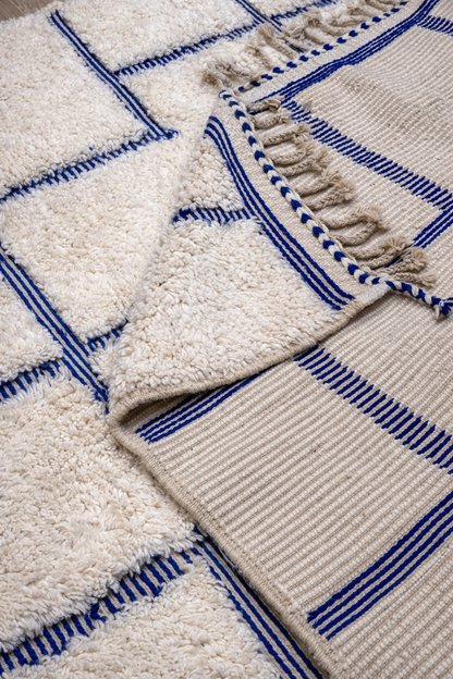 Berber Thick Wool Rug – Linear Grid Blue