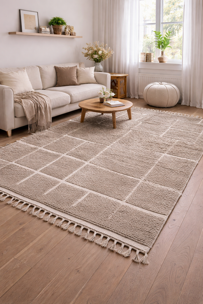 Berber Thick Wool Rug – Soft Grid Ivory