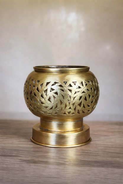 Handcrafted Brass Candle Holder with Leaf-Cut Pattern