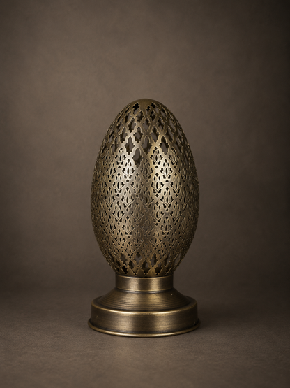 Handcrafted Brass Candle Holder with Oval Shape and Floral Lattice Cutouts