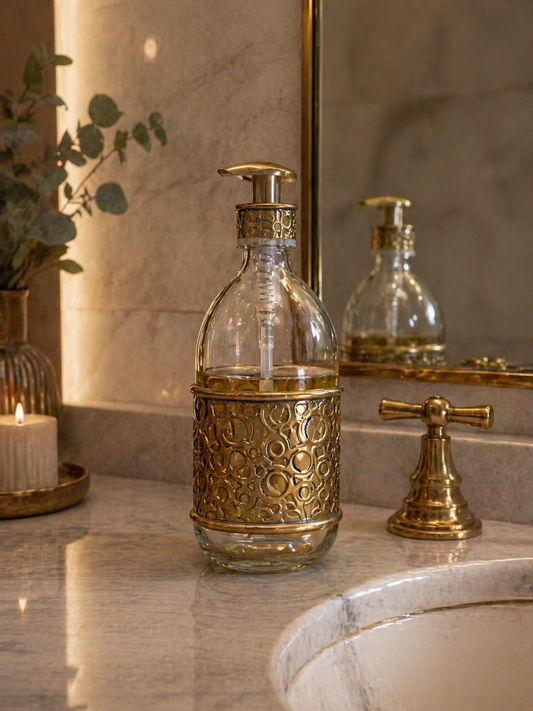 Glass Liquid Soap Dispenser with Handmade Brass Cover – 500 ml