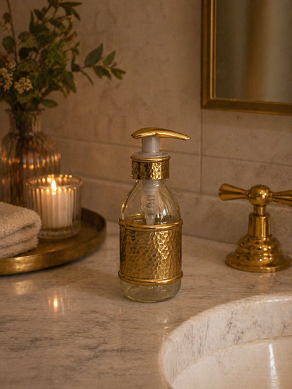 Hammered Glass Liquid Soap Dispenser with Brass Cover – 150 ml