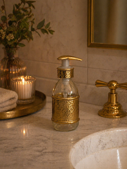 Hammered Glass Liquid Soap Dispenser with Brass Cover – 150 ml