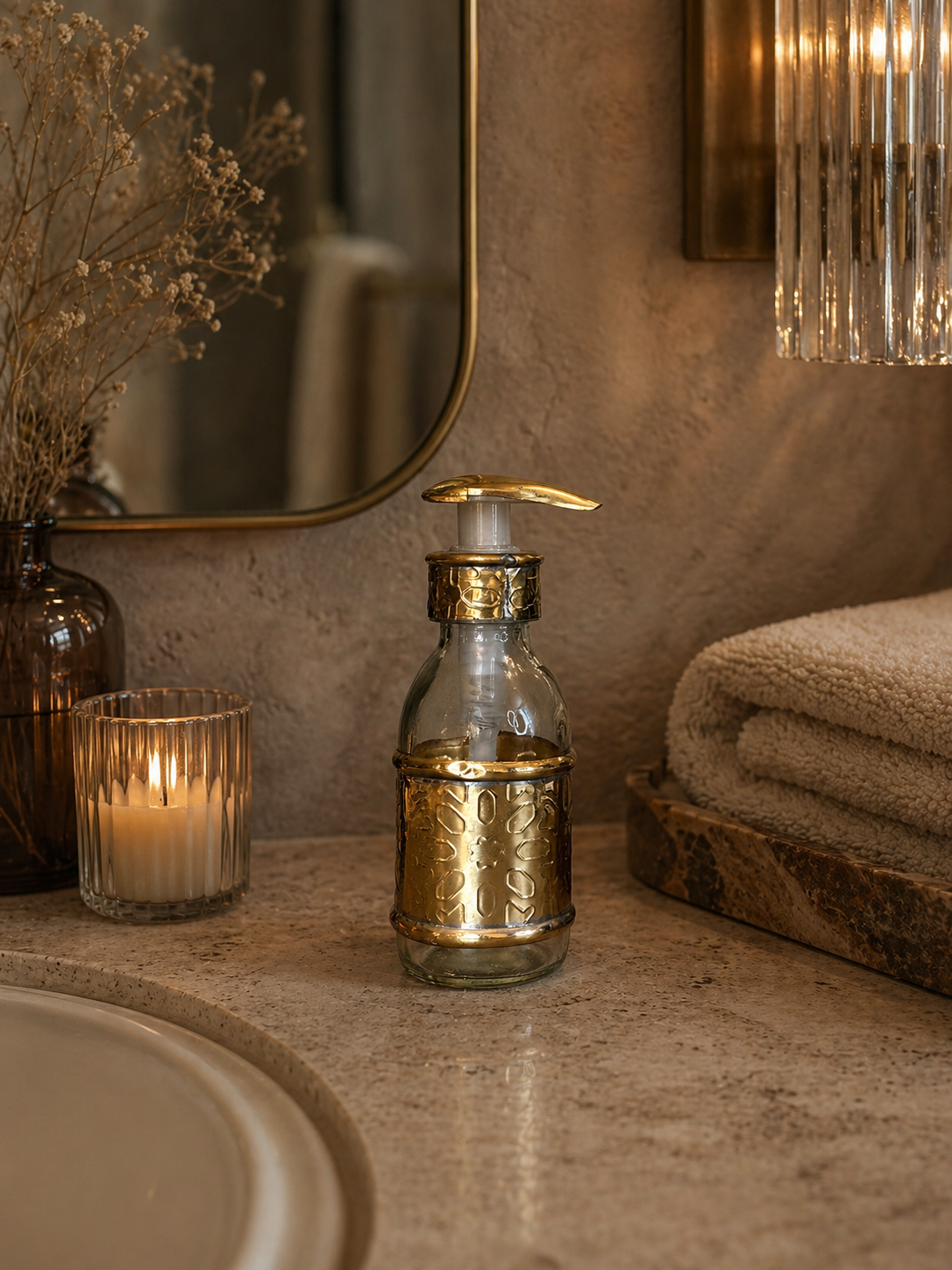 Glass Liquid Soap Dispenser with Embossed Floral Brass Sleeve and Pump – 150 ml