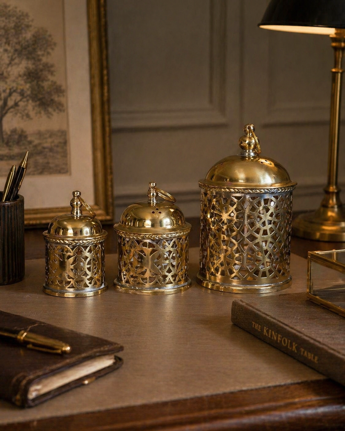 Handcrafted Nesting Pierced Brass Containers with Lids – Set of 3, Gold
