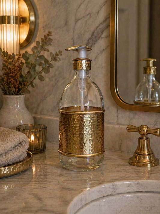 Hammered Glass Liquid Soap Dispenser with Brass Cover – 500 ml