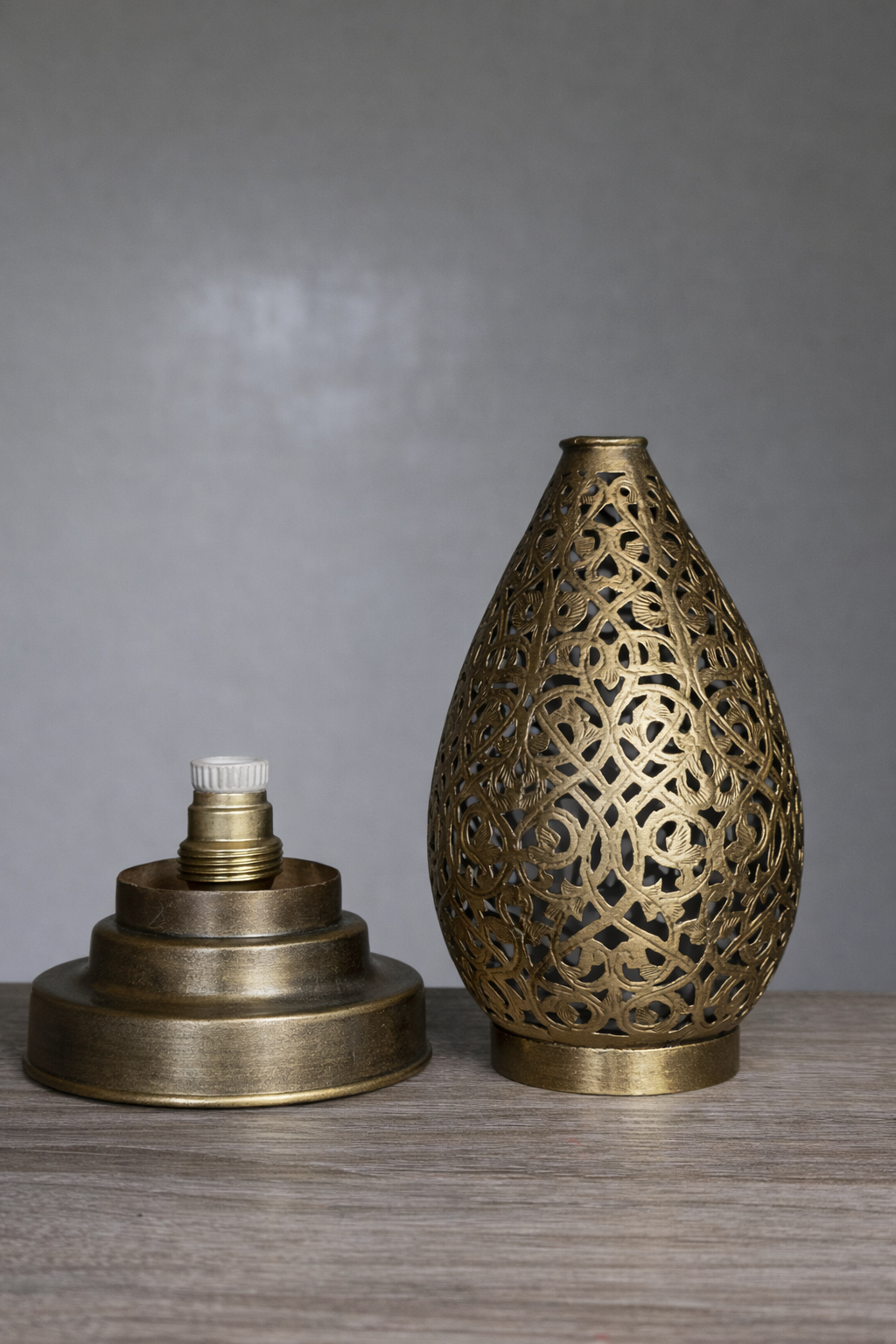 Handcrafted Brass Table Lamp with Teardrop Openwork Shade