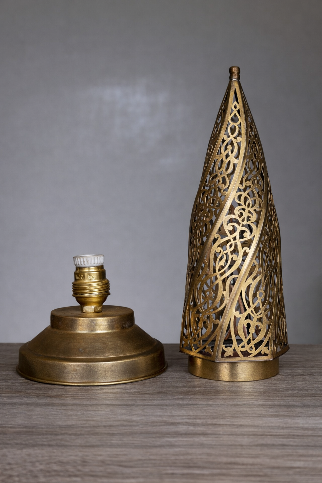 Handcrafted Brass Electric Table Lamp with Pointed Openwork Shade