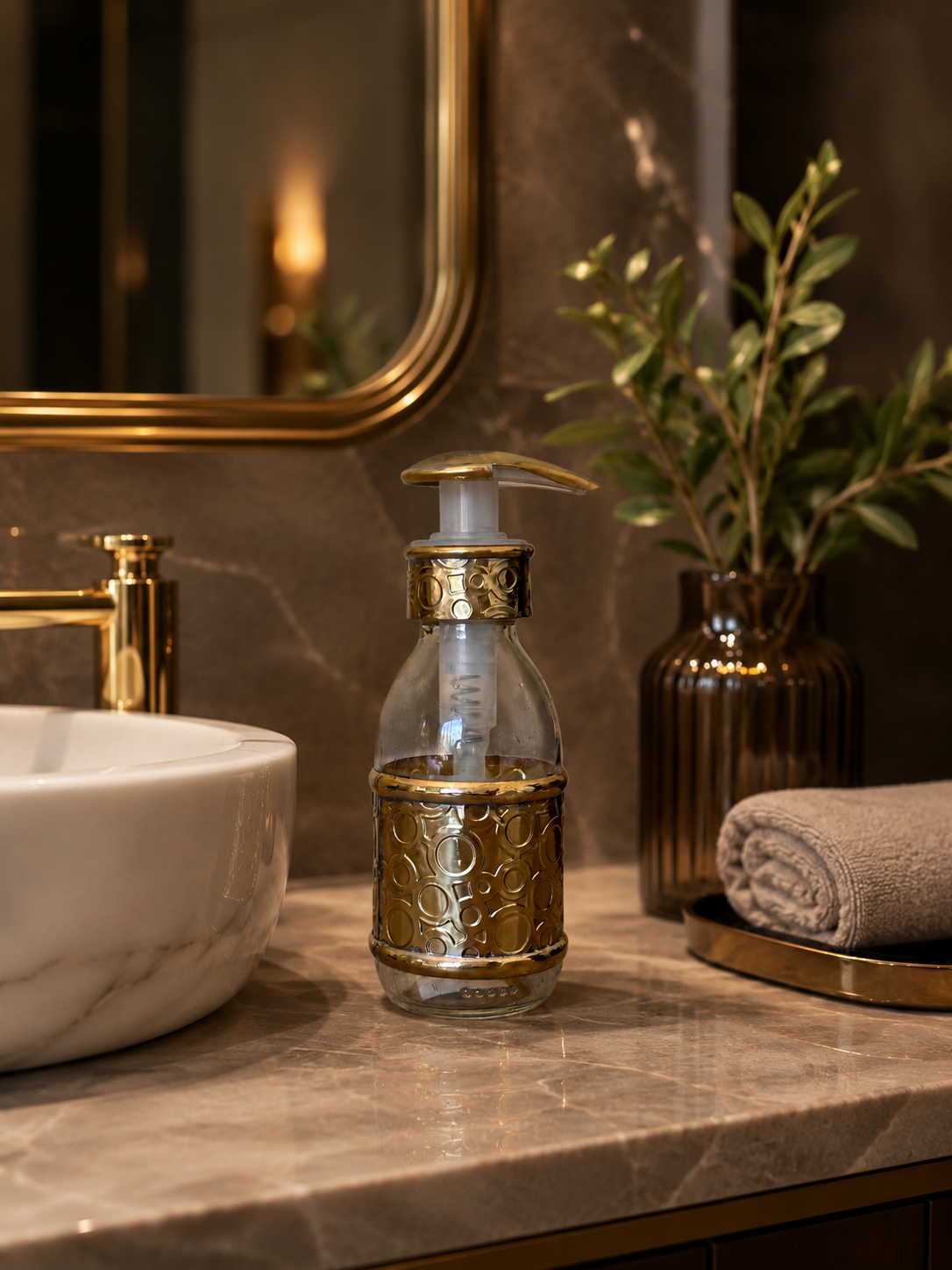 150 ml Glass Soap Dispenser with Embossed Circular Brass Sleeve and Pump
