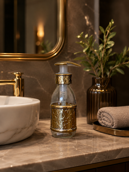 150 ml Glass Soap Dispenser with Embossed Circular Brass Sleeve and Pump