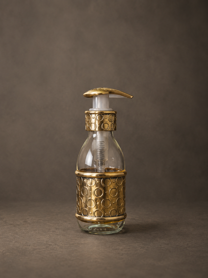 150 ml Glass Soap Dispenser with Embossed Circular Brass Sleeve and Pump