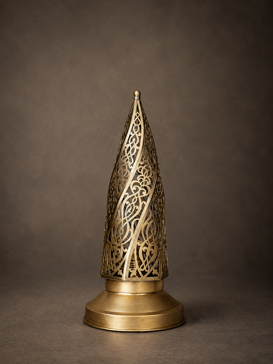 Handcrafted Brass Electric Table Lamp with Pointed Openwork Shade