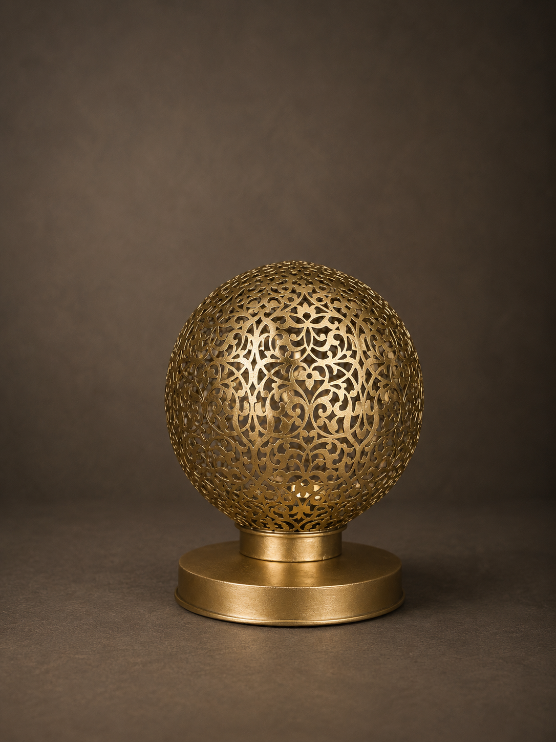 Handcrafted Brass Candle Holder with Round Shape and Arabesque Cutouts