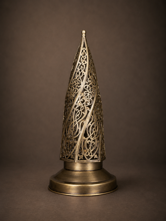 Handcrafted Brass Candle Holder with Pointed Silhouette and Arabesque Cutouts