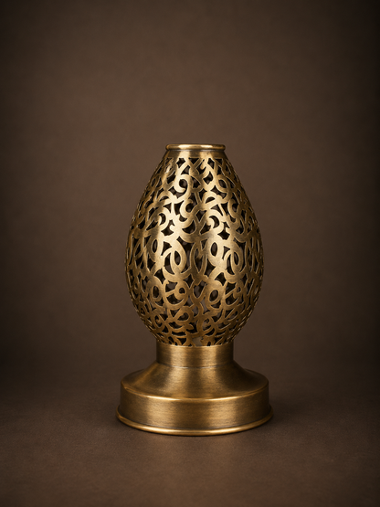 Handcrafted Brass Candle Holder with Teardrop Shape and Arabesque Cutouts