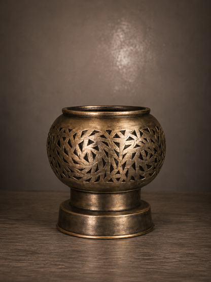 Handcrafted Brass Candle Holder with Leaf-Cut Pattern