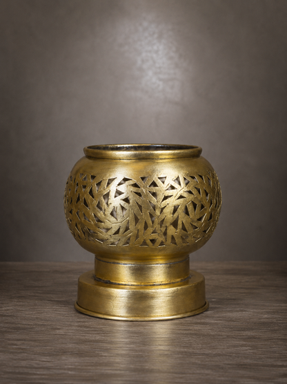 Handcrafted Brass Candle Holder with Leaf-Cut Pattern