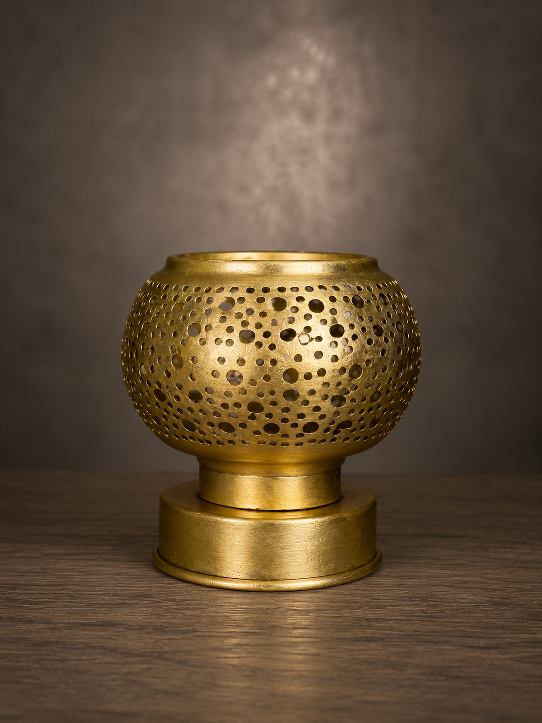 Handcrafted Brass Candle Holder with Round Perforated Pattern