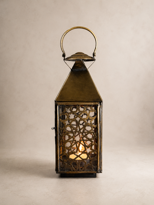Handmade Brass Candle Lantern with Geometric Openwork Design