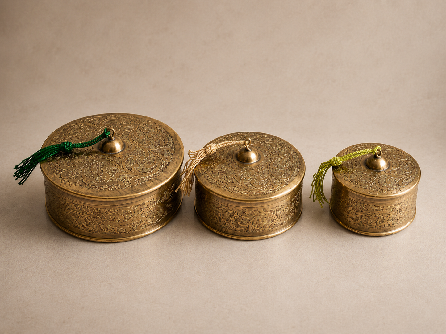 Handcrafted Floral Engraved Brass Decorative Boxes with Lids – Set of 3