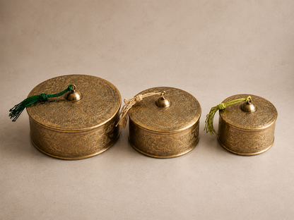 Handcrafted Floral Engraved Brass Decorative Boxes with Lids – Set of 3