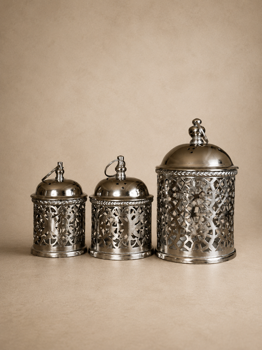 Handcrafted Nesting Pierced Brass Containers with Lids – Set of 3, Silver