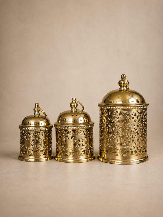 Handcrafted Nesting Pierced Brass Containers with Lids – Set of 3, Gold