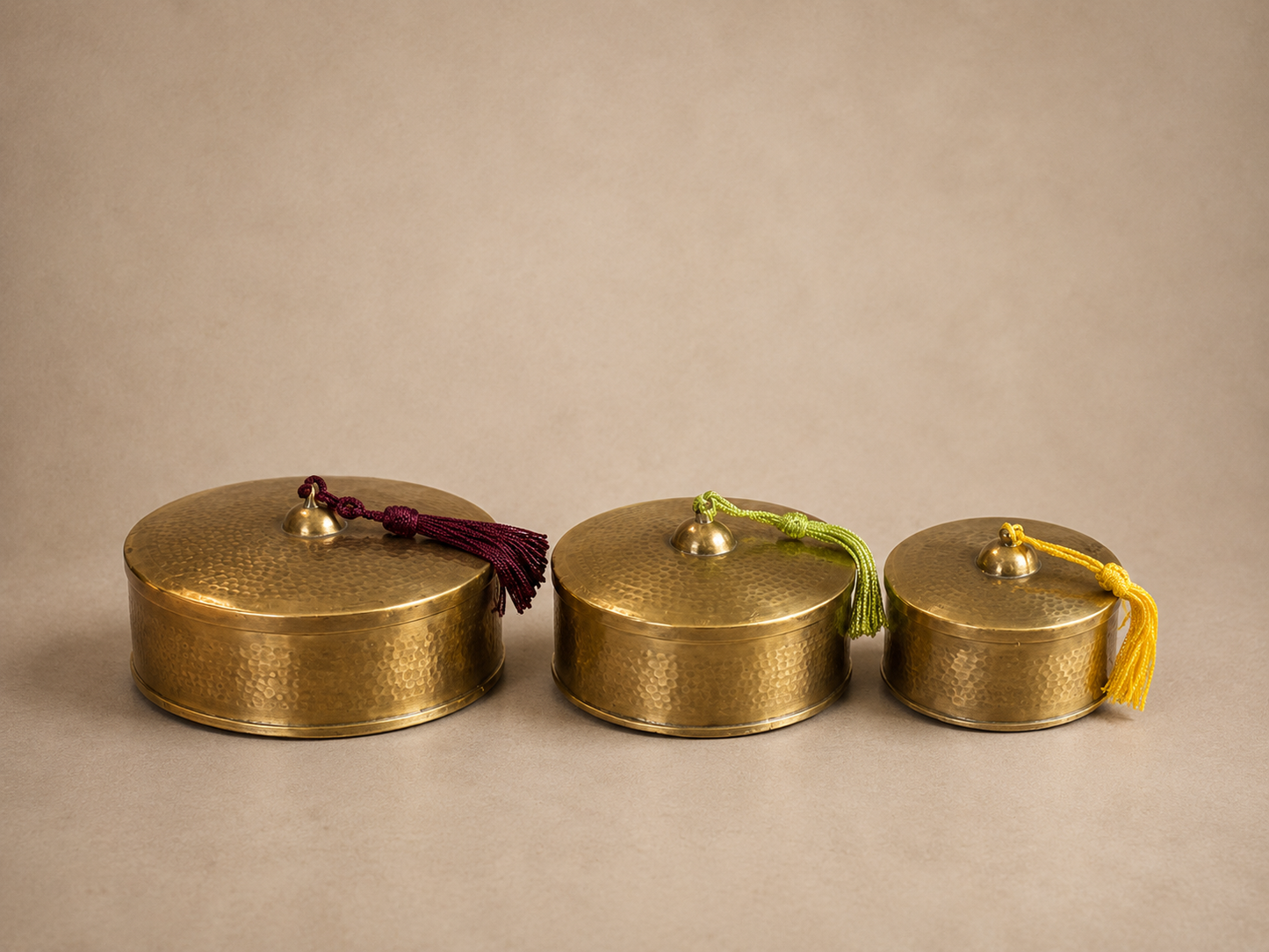 Handcrafted Hammered Brass Decorative Boxes with Lids – Set of 3