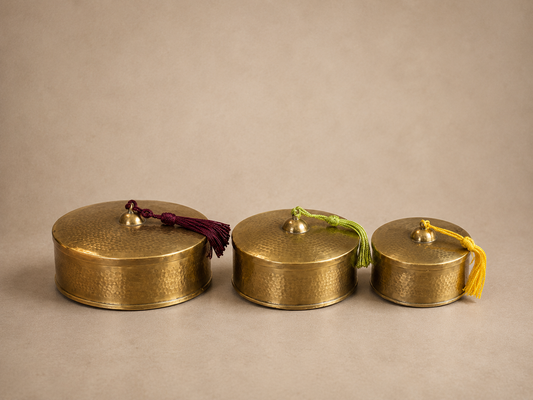 Handcrafted Hammered Brass Decorative Boxes with Lids – Set of 3