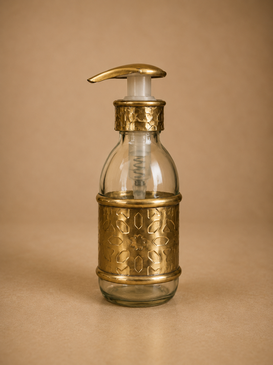 Glass Liquid Soap Dispenser with Embossed Floral Brass Sleeve and Pump – 150 ml