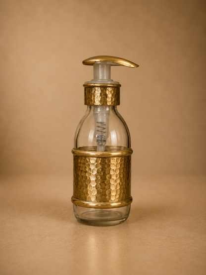 Hammered Glass Liquid Soap Dispenser with Brass Cover – 150 ml