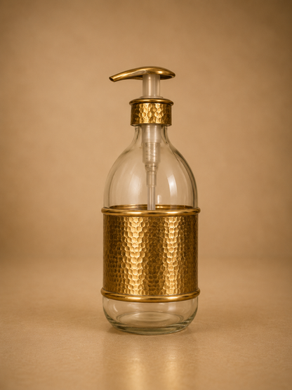 Hammered Glass Liquid Soap Dispenser with Brass Cover – 500 ml