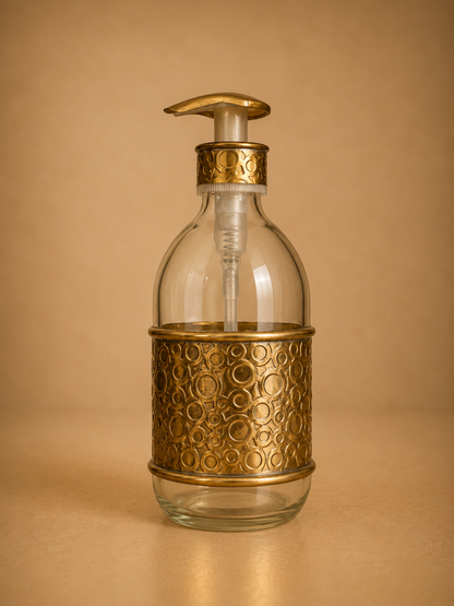 Glass Liquid Soap Dispenser with Handmade Brass Cover – 500 ml