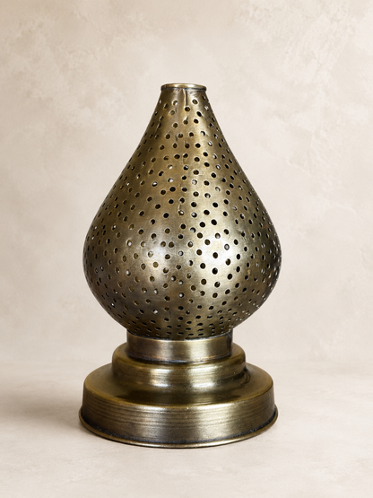 Handcrafted Brass Candle Holder with Teardrop Shape and Round Perforations
