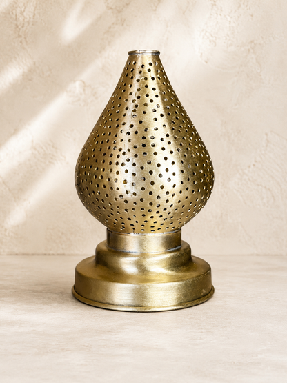 Handcrafted Brass Candle Holder with Teardrop Shape and Round Perforations