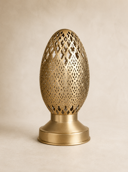 Handcrafted Brass Candle Holder with Oval Shape and Floral Lattice Cutouts