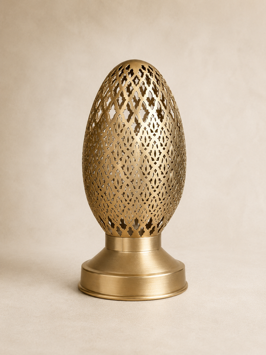 Handcrafted Brass Candle Holder with Oval Shape and Floral Lattice Cutouts