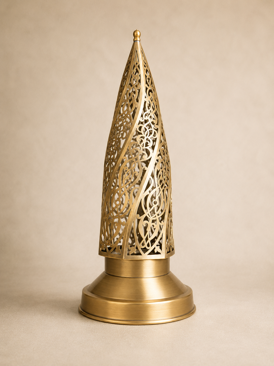 Handcrafted Brass Electric Table Lamp with Pointed Openwork Shade