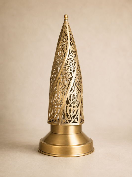 Handcrafted Brass Electric Table Lamp with Pointed Openwork Shade