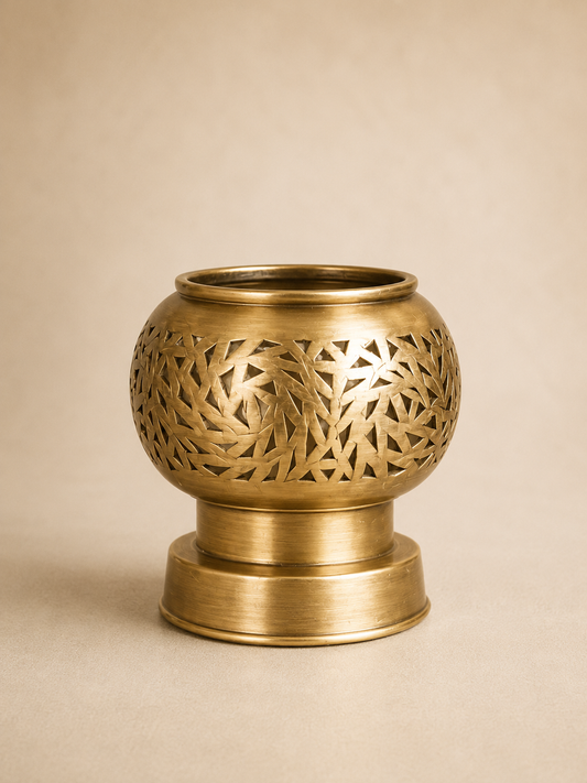 Handcrafted Brass Candle Holder with Leaf-Cut Pattern