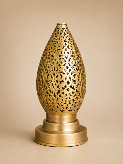 Handcrafted Brass Table Lamp with Teardrop Openwork Shade